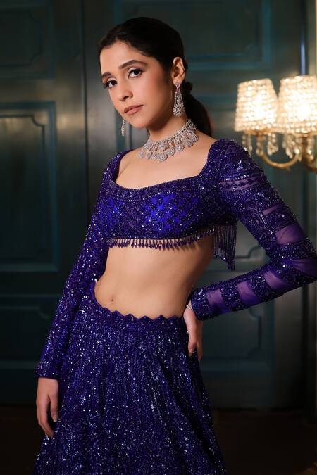 Buy_Isa By Dolly Wahal_Blue Net Cut Work, Sequins, Crystals, Beads Scoop Neck Embroidered Lehenga Set _Online_at_Aza_Fashions