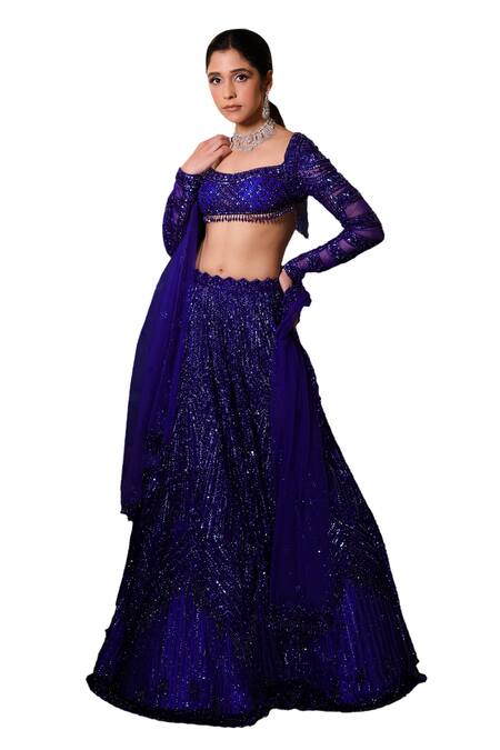 Buy_Isa By Dolly Wahal_Blue Net Cut Work, Sequins, Crystals, Beads Scoop Neck Embroidered Lehenga Set 