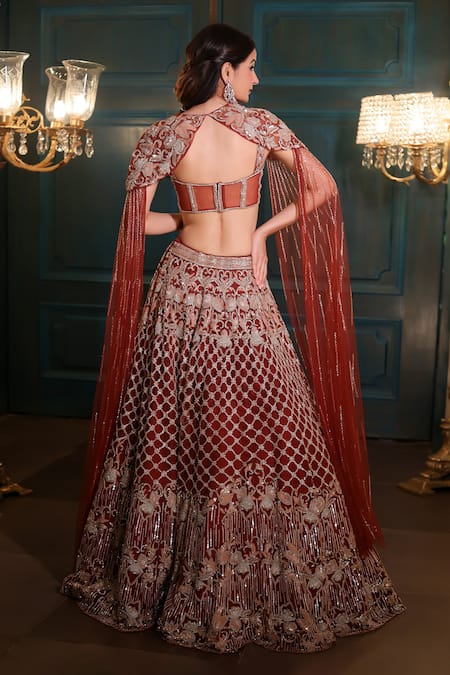 Isa By Dolly Wahal Caramel Floral Embroidered Lehenga With Draped Dupatta Blouse 