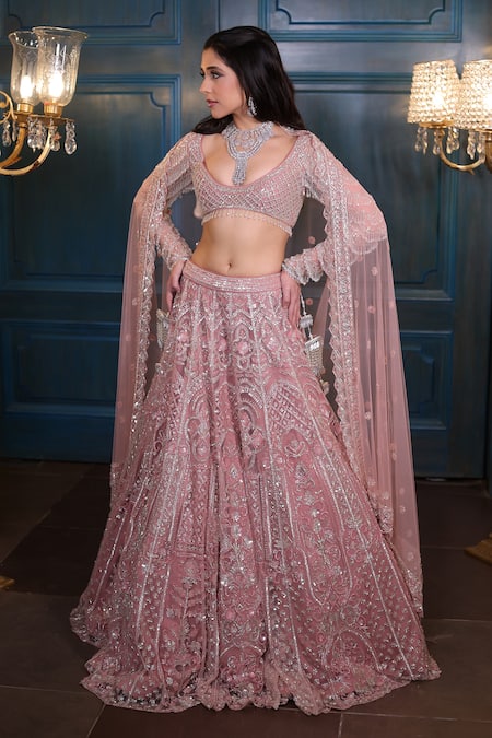 Shop Isa By Dolly Wahal Pink Net Sequins, Cut Work, Floral Embroidered Attached Can-can Lehenga Set at Aza Fashions Shop_Isa By Dolly Wahal_Pink Net Sequins, Cut Work, Floral Embroidered Attached Can-can Lehenga Set _at_Aza_Fashions