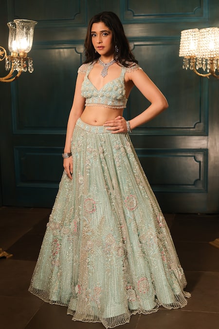 Isa By Dolly Wahal Green Net Hand Embroidery Sequins V-neck 3d Floral Lehenga Set 