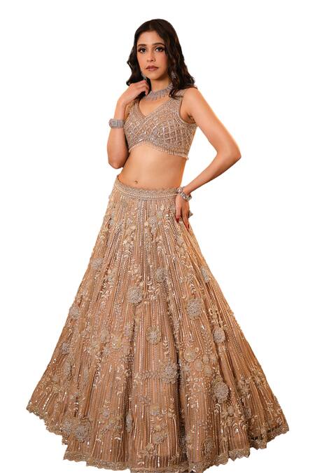 Buy Isa By Dolly Wahal Gold Net Cut Work, Sequins, Pearls, Crystals 3d Floral Embroidered Lehenga Set Online at Aza Fashions Buy_Isa By Dolly Wahal_Gold Net Cut Work, Sequins, Pearls, Crystals 3d Floral Embroidered Lehenga Set _Online_at_Aza_Fashions