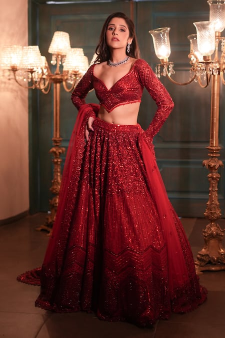 Isa By Dolly Wahal Red Net Hand Embroidery Sequins Leaf Neck Mira Trail Lehenga Set 