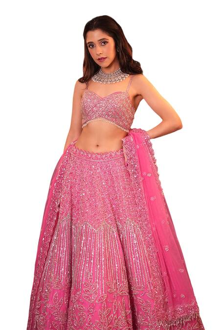Isa By Dolly Wahal_Pink Net Sequins, Embroidery Sweetheart Neck Rabea Floral Lehenga Set _Online_at_Aza_Fashions