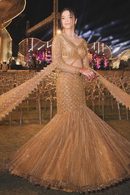 Buy Isa By Dolly Wahal Gold Net Cut Work, Sequins, Crystals V-neck Zeal Fishcut Embroidered Lehenga Set Online at Aza Fashions Buy_Isa By Dolly Wahal_Gold Net Cut Work, Sequins, Crystals V-neck Zeal Fishcut Embroidered Lehenga Set _Online_at_Aza_Fashions