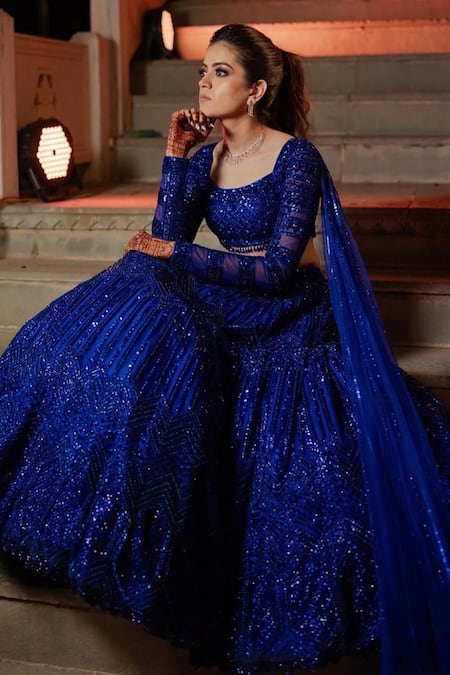 Isa By Dolly Wahal_Blue Net Sequins, Crystals, Cut Noopur Embroidered Lehenga And Drape Dupatta Set _Online_at_Aza_Fashions