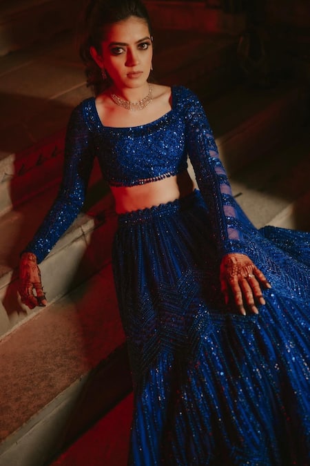 Shop_Isa By Dolly Wahal_Blue Net Sequins, Crystals, Cut Noopur Embroidered Lehenga And Drape Dupatta Set _Online_at_Aza_Fashions