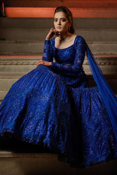Isa By Dolly Wahal_Blue Net Sequins, Crystals, Cut Noopur Embroidered Lehenga And Drape Dupatta Set _at_Aza_Fashions