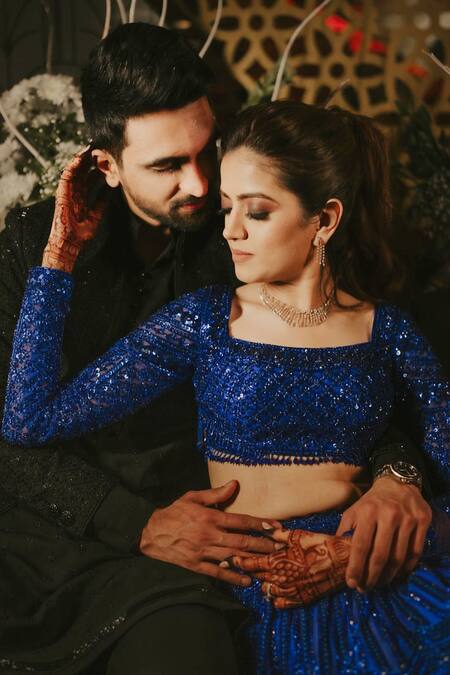 Buy_Isa By Dolly Wahal_Blue Net Sequins, Crystals, Cut Noopur Embroidered Lehenga And Drape Dupatta Set 