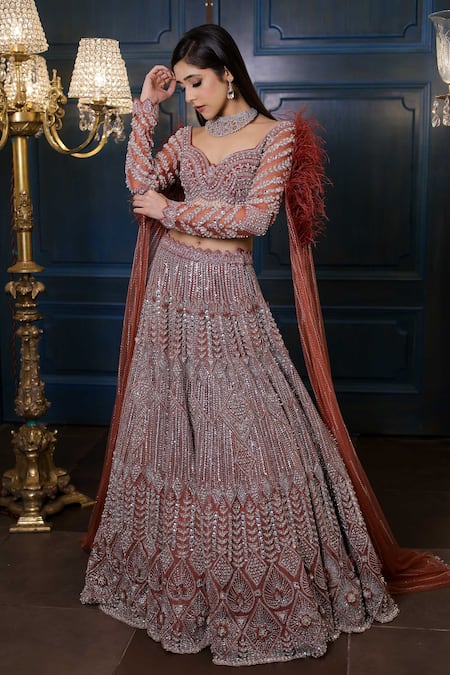 Isa By Dolly Wahal_Brown Net Sequins, Cut Work, Crystals Feather Embroidered Lehenga And Blouse Set _Online_at_Aza_Fashions