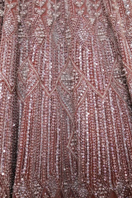 Shop_Isa By Dolly Wahal_Brown Net Sequins, Cut Work, Crystals Feather Embroidered Lehenga And Blouse Set _Online_at_Aza_Fashions