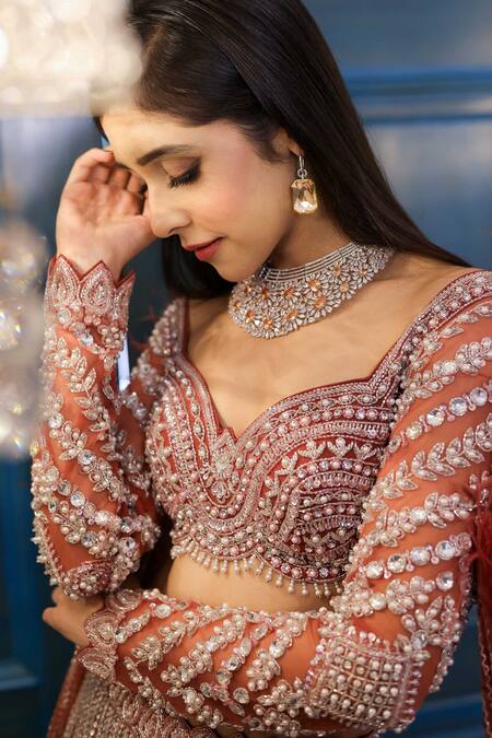 Isa By Dolly Wahal_Brown Net Sequins, Cut Work, Crystals Feather Embroidered Lehenga And Blouse Set _at_Aza_Fashions