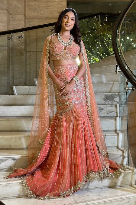 Isa By Dolly Wahal Coral Fishcut Embroidered Lehenga Set 