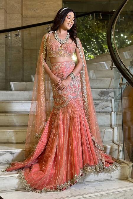 Isa By Dolly Wahal Peach Net Sequins, Cut Work, Pearls Coral Fishcut Embroidered Lehenga Set Online at Aza Fashions Isa By Dolly Wahal_Peach Net Sequins, Cut Work, Pearls Coral Fishcut Embroidered Lehenga Set _Online_at_Aza_Fashions