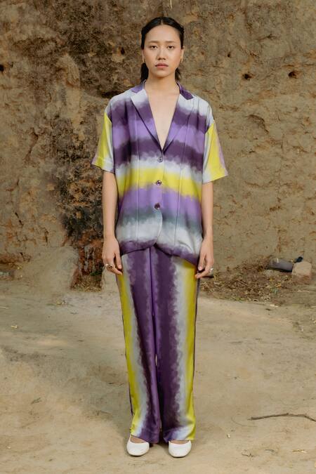 Raasa_Purple Satin Abstract Lapel Collar Yuna Pattern Shirt With Pant _Online_at_Aza_Fashions