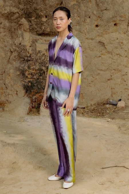 Raasa_Purple Satin Abstract Lapel Collar Yuna Pattern Shirt With Pant _at_Aza_Fashions