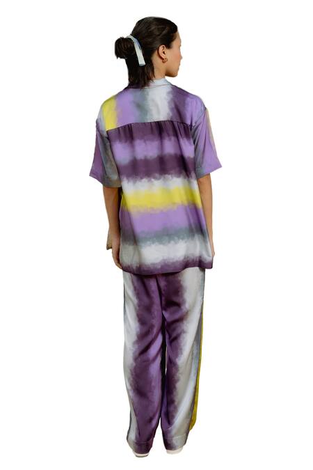 Buy_Raasa_Purple Satin Abstract Lapel Collar Yuna Pattern Shirt With Pant 