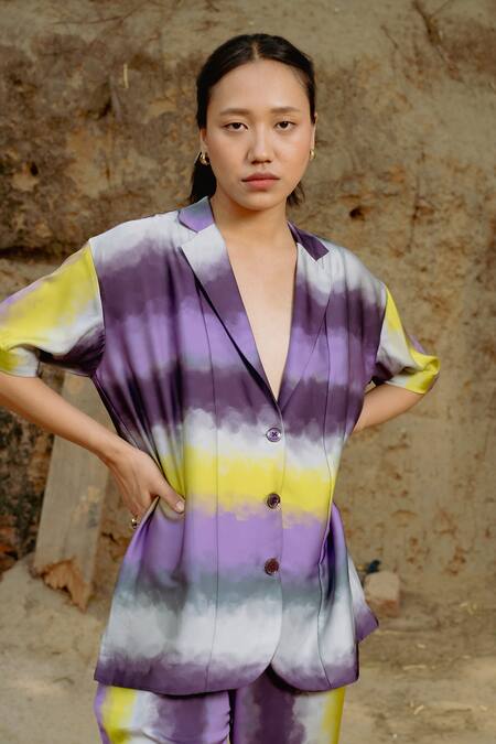 Shop_Raasa_Purple Satin Abstract Lapel Collar Yuna Pattern Shirt With Pant 