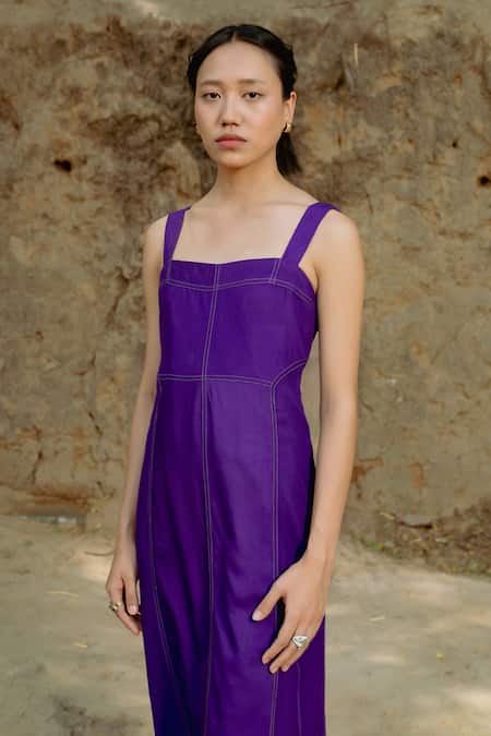Buy_Raasa_Purple Cotton Muslin Solid Square Iris Strappy Dress _Online_at_Aza_Fashions