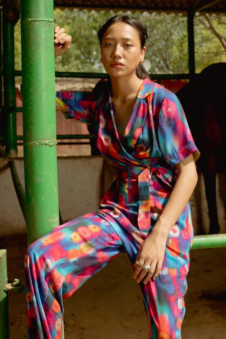 Raasa_Multi Color Cotton Modal Abstract Lapel Collar Luna Pattern Jumpsuit _Online_at_Aza_Fashions