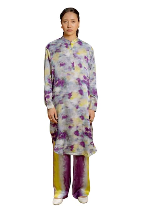 Buy_Raasa_Purple Modal, Satin Mandarin Collar Aster Abstract Pattern Kurta With Pant _Online_at_Aza_Fashions