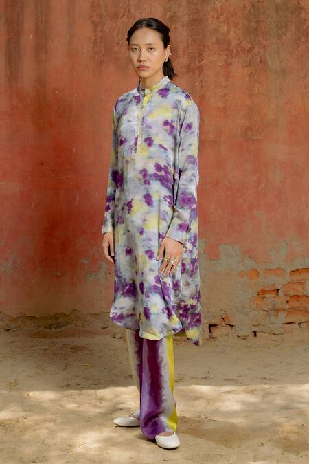 Shop_Raasa_Purple Modal, Satin Mandarin Collar Aster Abstract Pattern Kurta With Pant _Online_at_Aza_Fashions