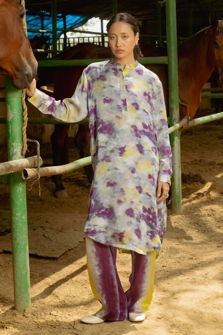 Shop_Raasa_Purple Modal, Satin Mandarin Collar Aster Abstract Pattern Kurta With Pant 