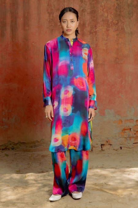 Raasa_Multi Color Modal, Satin Mandarin Collar Aster Bubble Pattern Kurta With Pant _Online_at_Aza_Fashions