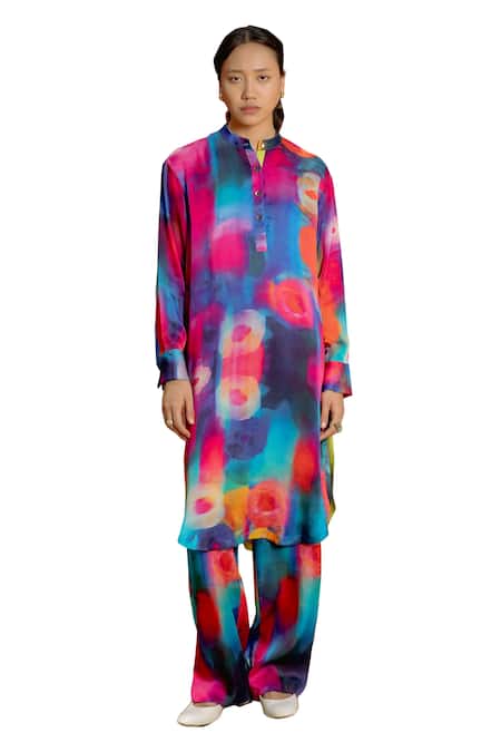 Buy_Raasa_Multi Color Modal, Satin Mandarin Collar Aster Bubble Pattern Kurta With Pant _Online_at_Aza_Fashions