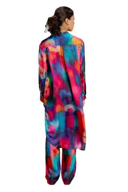 Raasa_Multi Color Modal, Satin Mandarin Collar Aster Bubble Pattern Kurta With Pant _at_Aza_Fashions