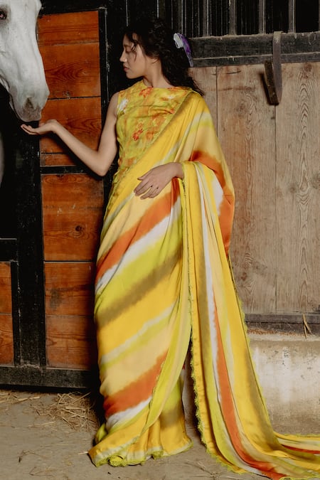 Raasa_Yellow Chiffon, Cotton, Modal Lace Selene Abstract Pattern Saree With Blouse _Online_at_Aza_Fashions