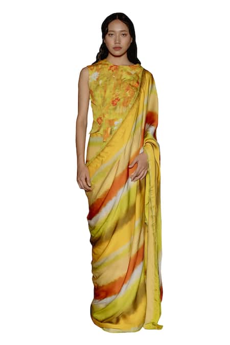 Shop_Raasa_Yellow Chiffon, Cotton, Modal Lace Selene Abstract Pattern Saree With Blouse _Online_at_Aza_Fashions