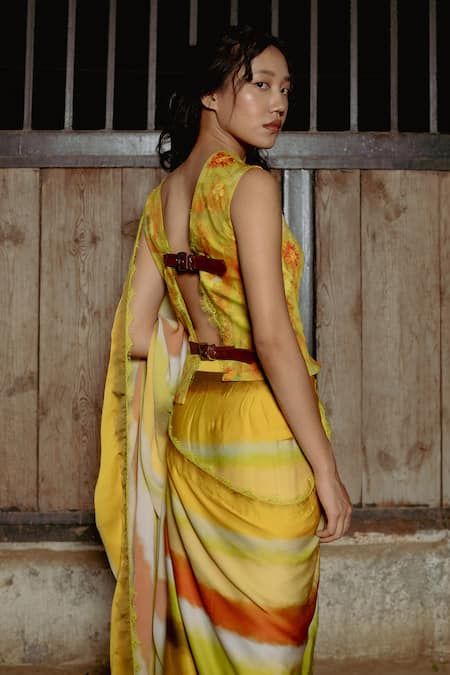 Shop_Raasa_Yellow Chiffon, Cotton, Modal Lace Selene Abstract Pattern Saree With Blouse 
