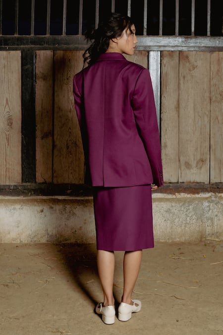 Shop Raasa Purple Blazer And Skirt Crepe Solid Blazer Lapel Collar Keiko Set at Aza Fashions Shop_Raasa_Purple Blazer And Skirt Crepe Solid Blazer Lapel Collar Keiko Set _at_Aza_Fashions
