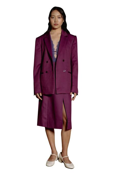 Raasa Purple Blazer And Skirt Crepe Solid Blazer Lapel Collar Keiko Set Online at Aza Fashions Raasa_Purple Blazer And Skirt Crepe Solid Blazer Lapel Collar Keiko Set _Online_at_Aza_Fashions