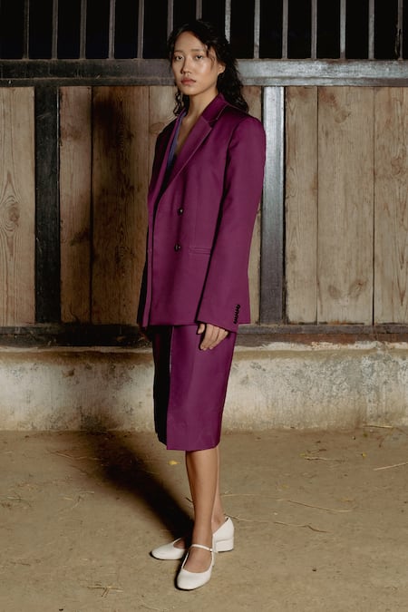 Buy Raasa Purple Blazer And Skirt Crepe Solid Blazer Lapel Collar Keiko Set Online at Aza Fashions Buy_Raasa_Purple Blazer And Skirt Crepe Solid Blazer Lapel Collar Keiko Set _Online_at_Aza_Fashions