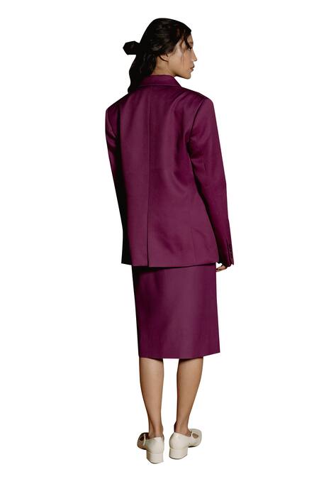 Shop Raasa Purple Blazer And Skirt Crepe Solid Blazer Lapel Collar Keiko Set Online at Aza Fashions Shop_Raasa_Purple Blazer And Skirt Crepe Solid Blazer Lapel Collar Keiko Set _Online_at_Aza_Fashions