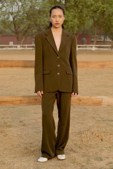 Raasa Green Crepe Solid Lapel Collar Forest Blazer With Trouser 