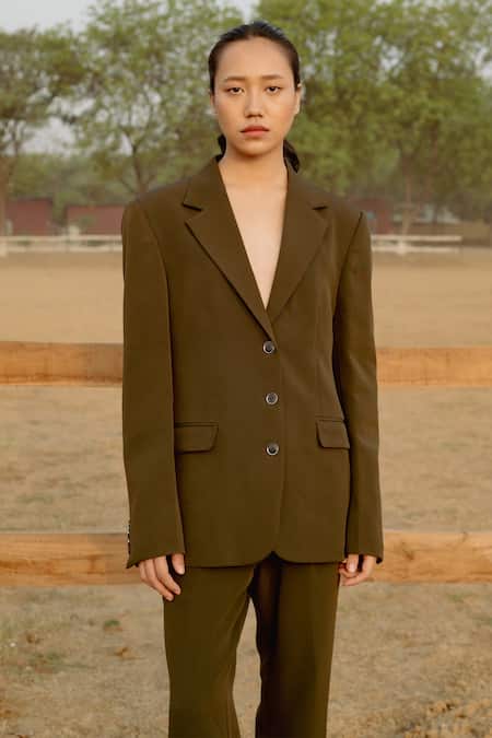 Shop_Raasa_Green Crepe Solid Lapel Collar Forest Blazer With Trouser 
