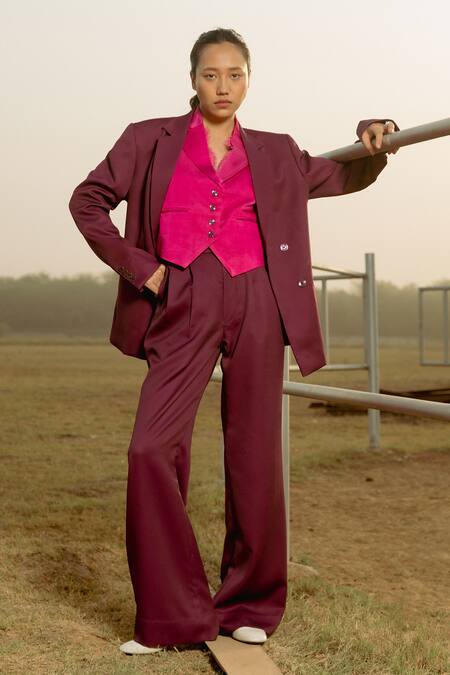 Raasa_Purple And Trouser Crepe Solid & Waistcoat Notched Lapel Set _Online_at_Aza_Fashions