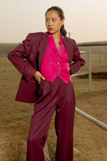 Buy_Raasa_Purple And Trouser Crepe Solid & Waistcoat Notched Lapel Set _Online_at_Aza_Fashions