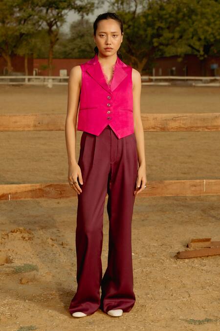 Shop_Raasa_Purple And Trouser Crepe Solid & Waistcoat Notched Lapel Set _Online_at_Aza_Fashions