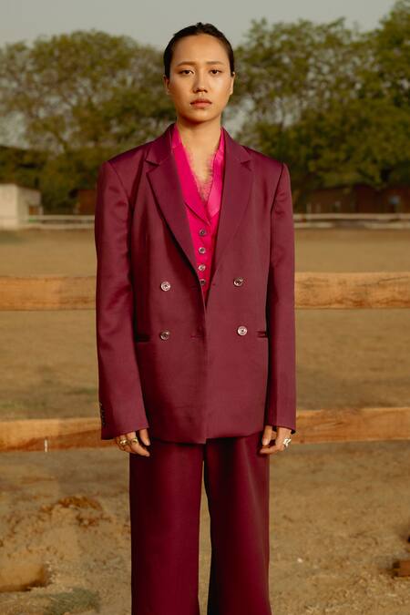 Raasa_Purple And Trouser Crepe Solid & Waistcoat Notched Lapel Set _at_Aza_Fashions