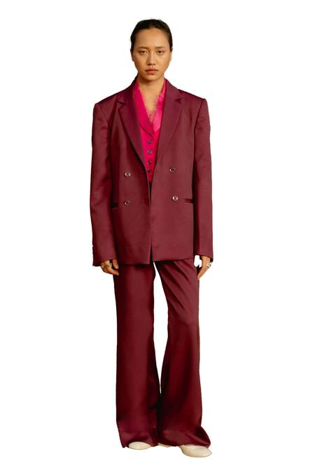 Buy_Raasa_Purple And Trouser Crepe Solid & Waistcoat Notched Lapel Set 