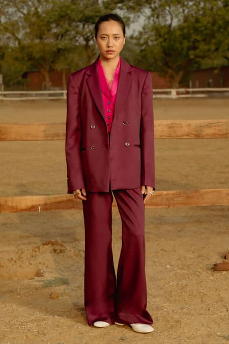 Raasa_Pink Cotton Muslin Lace Notched Lapel Zale Detailed Waist Coat _at_Aza_Fashions
