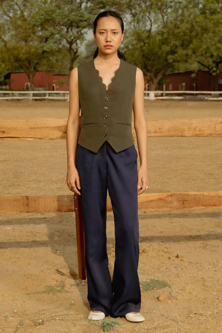 Raasa_Blue And Trouser Crepe Solid & Waistcoat Notched Lapel Bay Set _at_Aza_Fashions