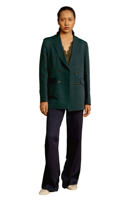 Raasa_Blue Crepe Solid Notched Lapel Bay Blazer With Trouser _Online_at_Aza_Fashions