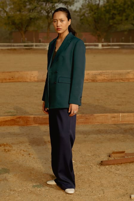 Shop_Raasa_Blue Crepe Solid Notched Lapel Bay Blazer With Trouser _Online_at_Aza_Fashions