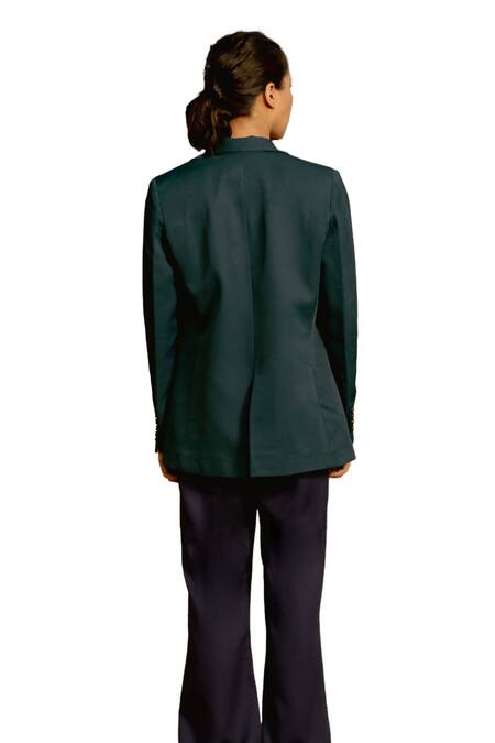 Raasa_Blue Crepe Solid Notched Lapel Bay Blazer With Trouser _at_Aza_Fashions