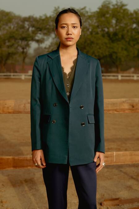 Buy_Raasa_Blue Crepe Solid Notched Lapel Bay Blazer With Trouser 